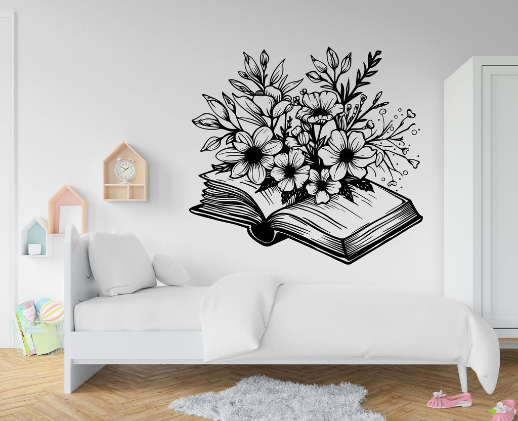Book With Flower vinyl wall art decals, book shelves decor, library wall decal, education decals, reading room, nurseries school gifts 274RS