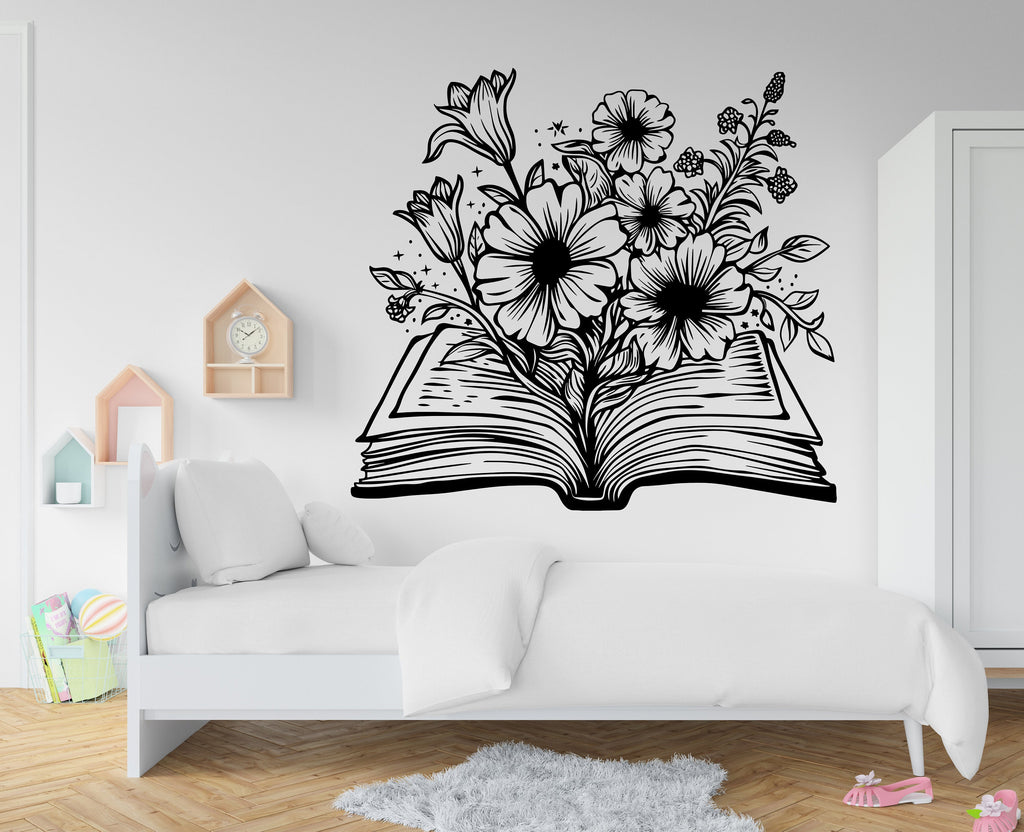 Book With Flower vinyl wall art decals, book shelves decor, library wall decal, education decals, reading room, nurseries school gifts 275RS