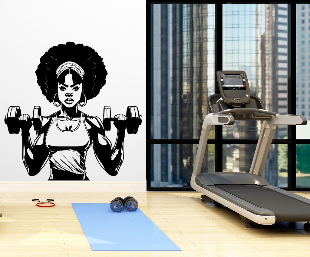Gym Wall Decal Afro Girl Power fitness Quote Decor Workout Art Vinyl Gym Wall Stickers Bedroom Gym Workout Girl Motivation Crossfit 356LU