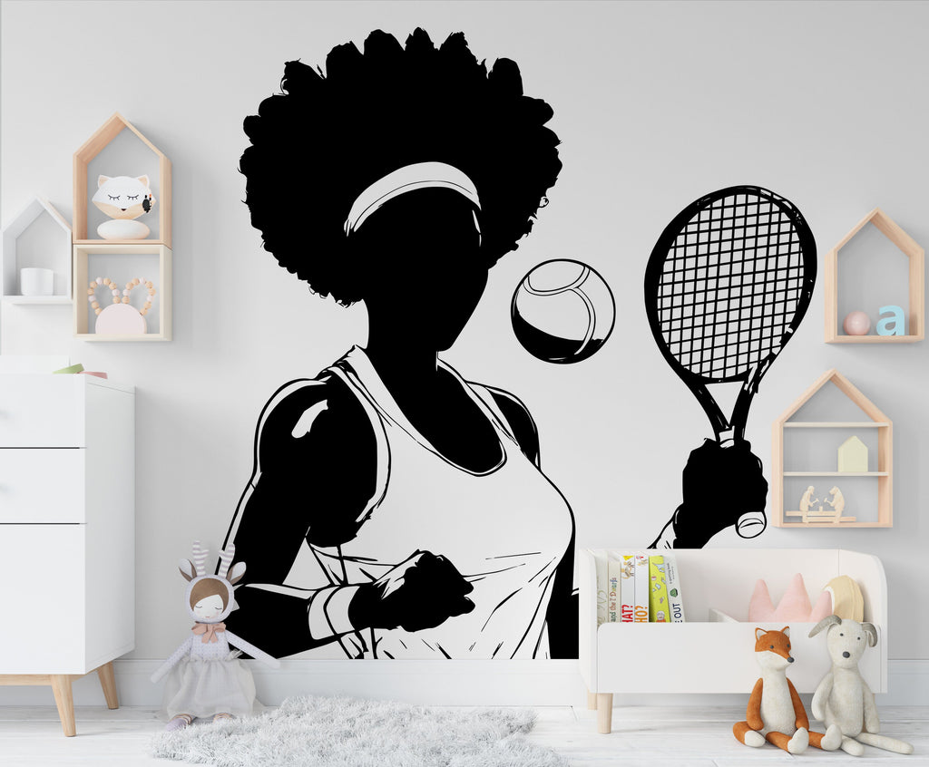 Large Custom Name Afro Tennis Girl Player wall decal Sport Wall Decal Kids Decal Personalized Tennis Vinyl Wall Sticker Girl Room Deco 361LU