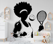 Load image into Gallery viewer, Large Custom Name Afro Tennis Girl Player wall decal Sport Wall Decal Kids Decal Personalized Tennis Vinyl Wall Sticker Girl Room Deco 361LU