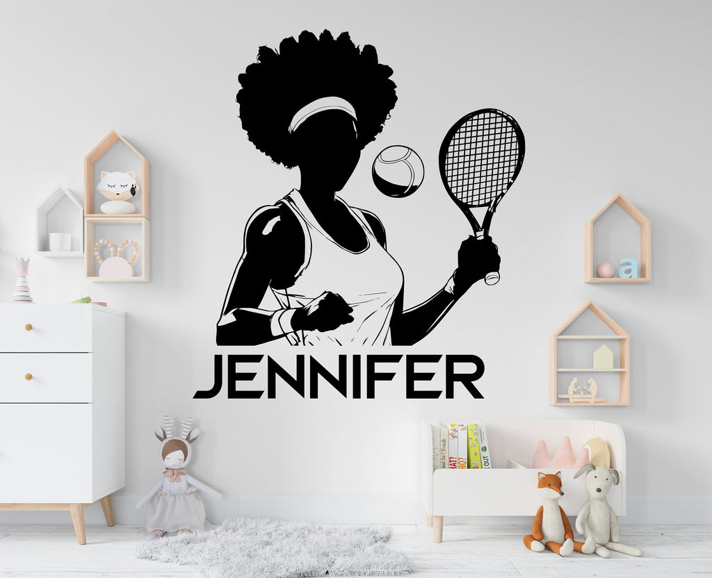 Large Custom Name Afro Tennis Girl Player wall decal Sport Wall Decal Kids Decal Personalized Tennis Vinyl Wall Sticker Girl Room Deco 361LU