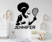 Load image into Gallery viewer, Large Custom Name Afro Tennis Girl Player wall decal Sport Wall Decal Kids Decal Personalized Tennis Vinyl Wall Sticker Girl Room Deco 361LU