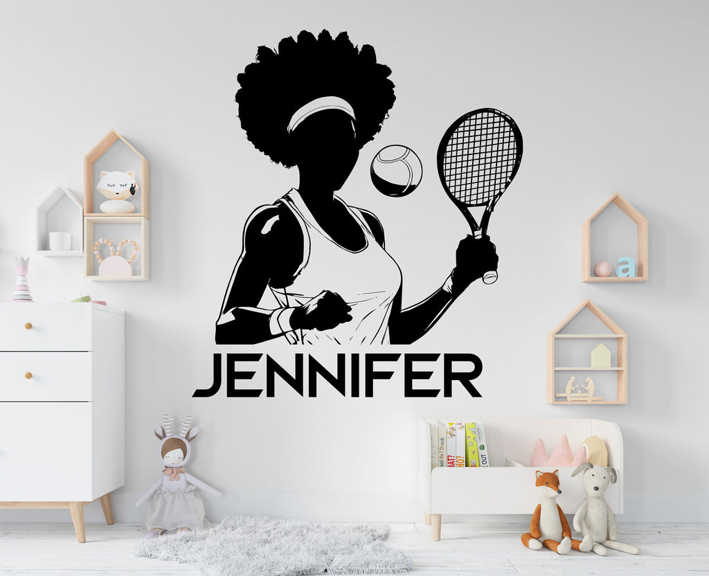 Large Custom Name Afro Tennis Girl Player wall decal Sport Wall Decal Kids Decal Personalized Tennis Vinyl Wall Sticker Girl Room Deco 361LU