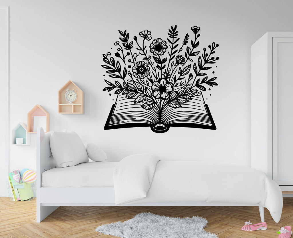 Book With Flower vinyl wall art decals, book shelves decor, library wall decal, education decals, reading room, nurseries school gifts 272RS
