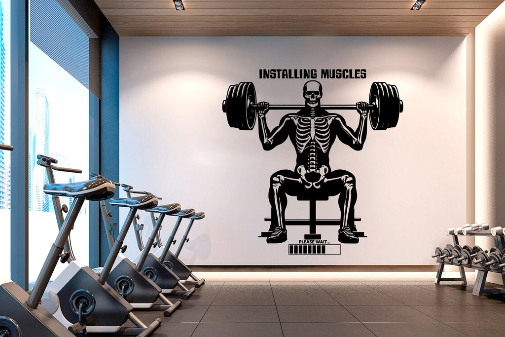 Installing Muscles Skeleton Gym Wall Decal Fitness Funny Decor Workout Power Art Vinyl Gym Wall Stickers Girl Motivation Crossfit 280RS