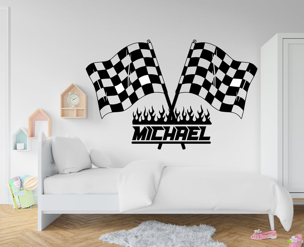 Race Flag Wall Vinyl Decal Home Decor Art Sticker Sports Racing Car Checkered Flag Boy Racer Kids Room Nursery Finish Flag Mural Art 310RS