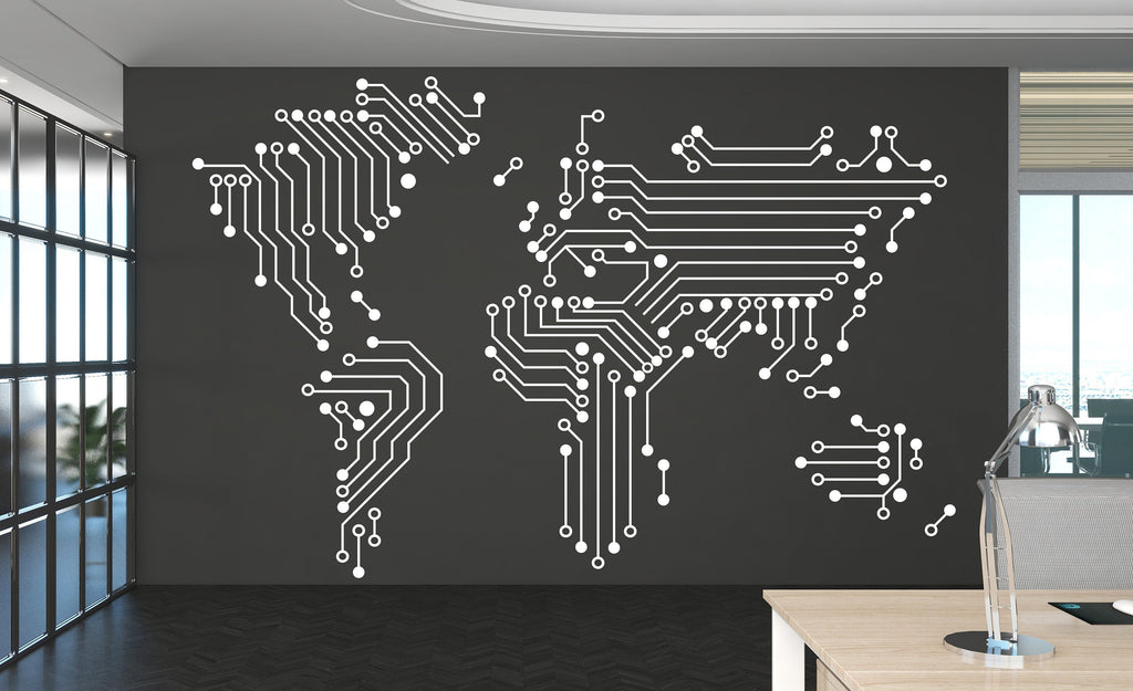 World Map Circuit Board Wall Decal, Technology Vinyl Wall Art Decals, Company Name Decal, Office Decor, Business Wall Decal Art Office 322RS