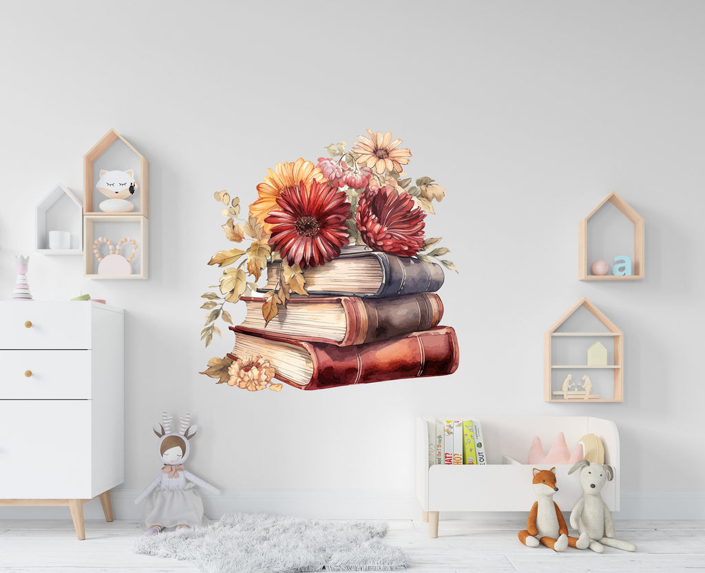 Book Floral wall art decals, book shelves decor, library wall decal, education decals, reading room, nurseries, school, kids gifts 327RS