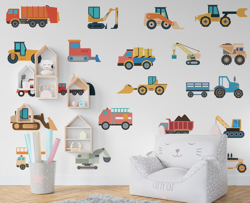 Truck Wall Decals - Construction Truck wall Nursery Decor, Watercolor Wall Art, Kids Room Decal, Reusable and Removable Wall Stickers 353RS