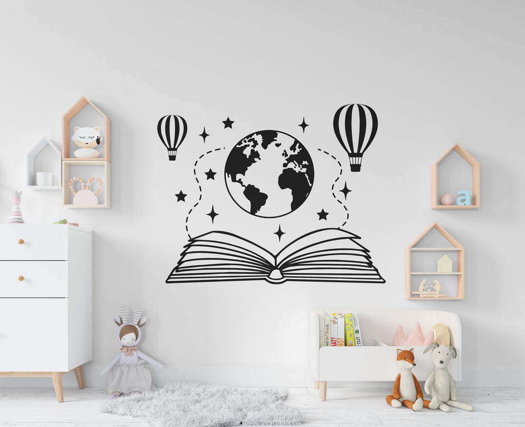 Book vinyl wall art decals, World Map book decor, air balloon wall decal, education decals, reading room, nurseries, school, library 358RS