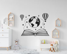 Load image into Gallery viewer, Book vinyl wall art decals, World Map book decor, air balloon wall decal, education decals, reading room, nurseries, school, library 358RS