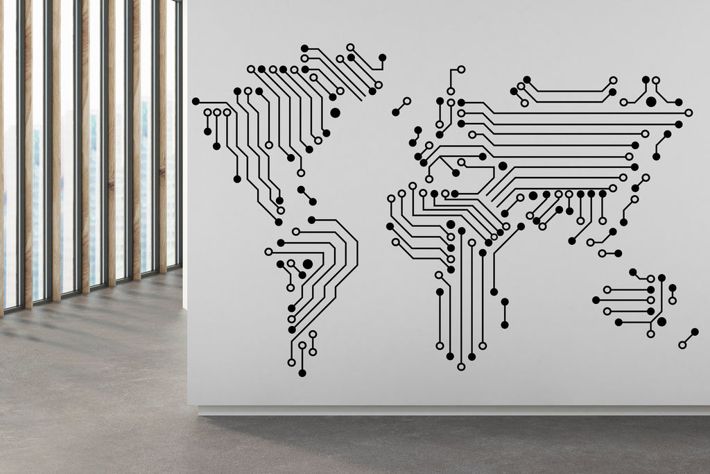 World Map Circuit Board Wall Decal, Technology Vinyl Wall Art Decals, Company Name Decal, Office Decor, Business Wall Decal Art Office 322RS