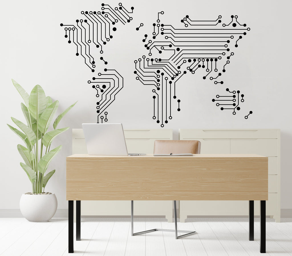 World Map Circuit Board Wall Decal, Technology Vinyl Wall Art Decals, Company Name Decal, Office Decor, Business Wall Decal Art Office 322RS