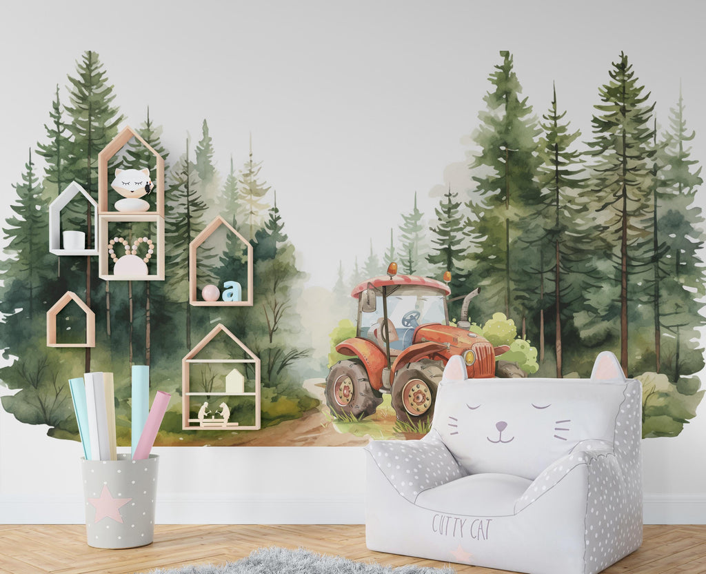 Tractor Village Wall Decal Conifer Forest Wall Decor Tractor Farm wall Decal Farmer Gift Wall Decal Decal Vinyl Wall Sticker Room 373RS