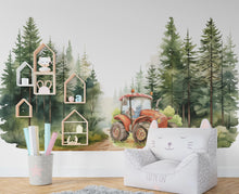 Load image into Gallery viewer, Tractor Village Wall Decal Conifer Forest Wall Decor Tractor Farm wall Decal Farmer Gift Wall Decal Decal Vinyl Wall Sticker Room 373RS