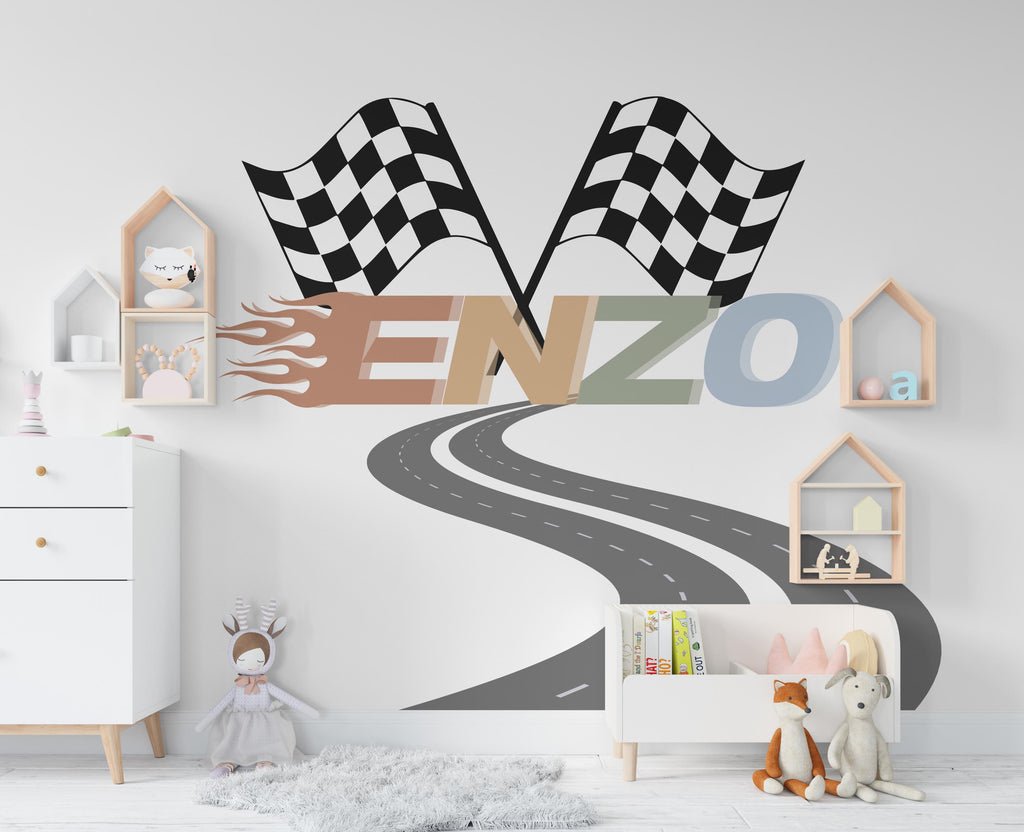 Road Racing Flag Wall Decal Highway Vinyl Sticker Personalized Name Wall Decor Kids Playroom Boys Room Wall Art Bedroom Mural Sticker 375RS