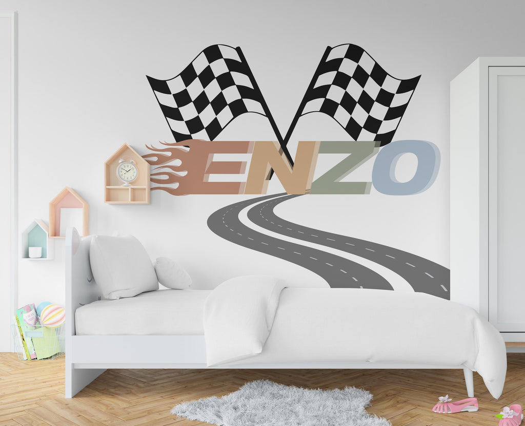Road Racing Flag Wall Decal Highway Vinyl Sticker Personalized Name Wall Decor Kids Playroom Boys Room Wall Art Bedroom Mural Sticker 375RS