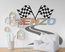 Load image into Gallery viewer, Road Racing Flag Wall Decal Highway Vinyl Sticker Personalized Name Wall Decor Kids Playroom Boys Room Wall Art Bedroom Mural Sticker 375RS
