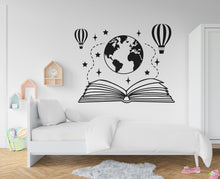 Load image into Gallery viewer, Book vinyl wall art decals, World Map book decor, air balloon wall decal, education decals, reading room, nurseries, school, library 358RS
