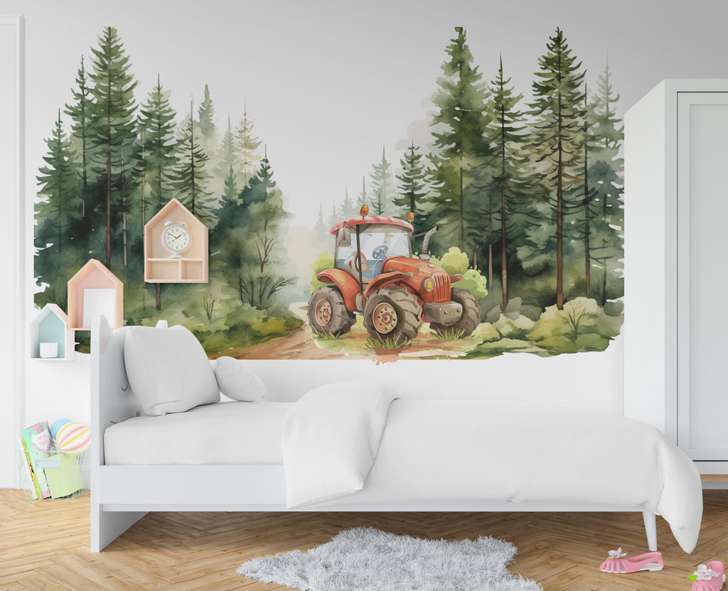 Tractor Village Wall Decal Conifer Forest Wall Decor Tractor Farm wall Decal Farmer Gift Wall Decal Decal Vinyl Wall Sticker Room 373RS