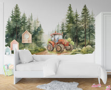 Load image into Gallery viewer, Tractor Village Wall Decal Conifer Forest Wall Decor Tractor Farm wall Decal Farmer Gift Wall Decal Decal Vinyl Wall Sticker Room 373RS
