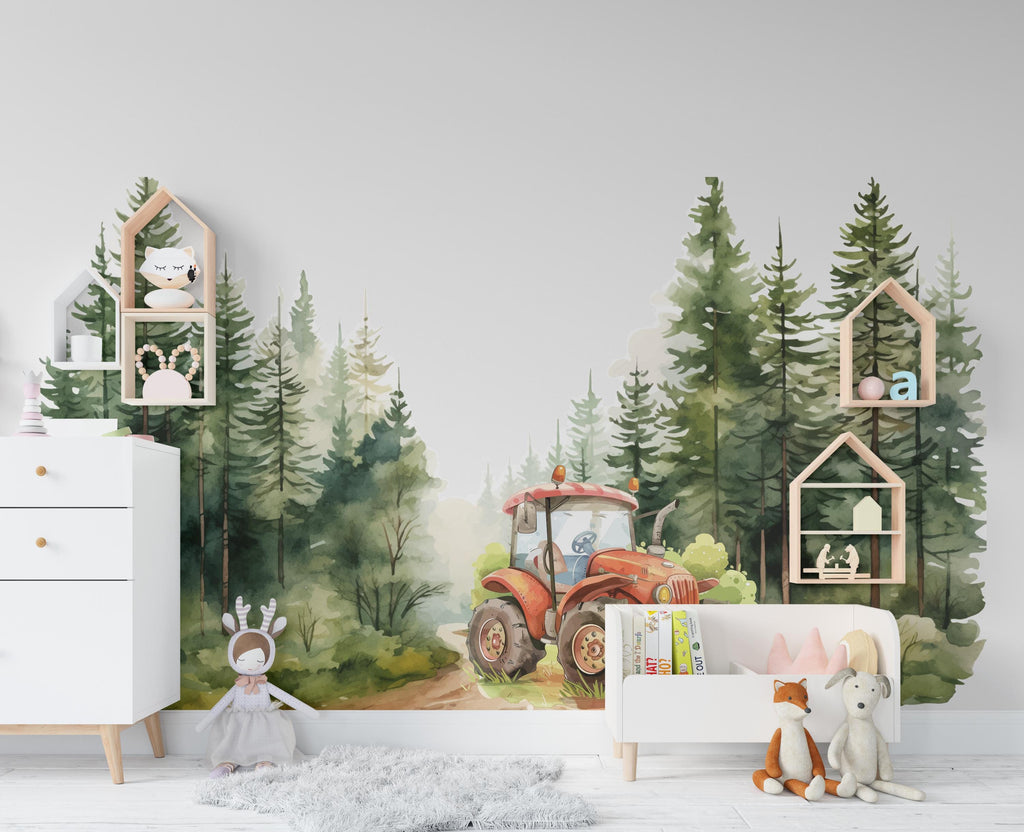 Tractor Village Wall Decal Conifer Forest Wall Decor Tractor Farm wall Decal Farmer Gift Wall Decal Decal Vinyl Wall Sticker Room 373RS