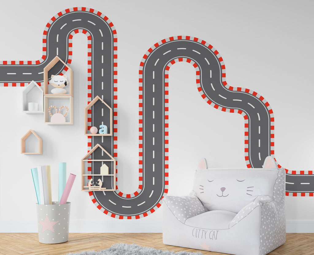 Road Racing Wall Decal Highway Vinyl Sticker Track Route Wall Decor Kids Playroom Boys Room Wall Art Automotive Bedroom Mural Sticker 393RS