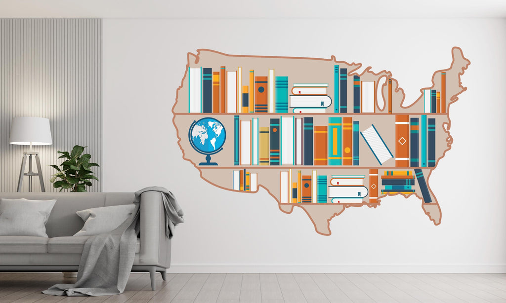 Library USA map wall decals, Books wall decor, bookshelf library wall decal, education decals reading room, nurseries, school, kids 421RS