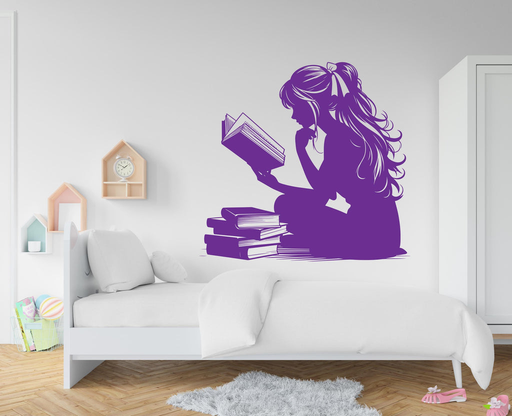 Girl Reading Book Library vinyl wall art decals, library wall decal, education decals, reading room, nurseries, school, kids gifts 439RS
