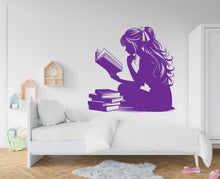 Load image into Gallery viewer, Girl Reading Book Library vinyl wall art decals, library wall decal, education decals, reading room, nurseries, school, kids gifts 439RS