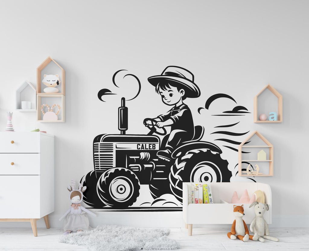 Little boy on a Tractor Wall Decor Bear Farm Tractor Wall Art Gym Wall Decals Bear Wall Decal Village Gifts Home Gym Wall Sticker Farm 442RS