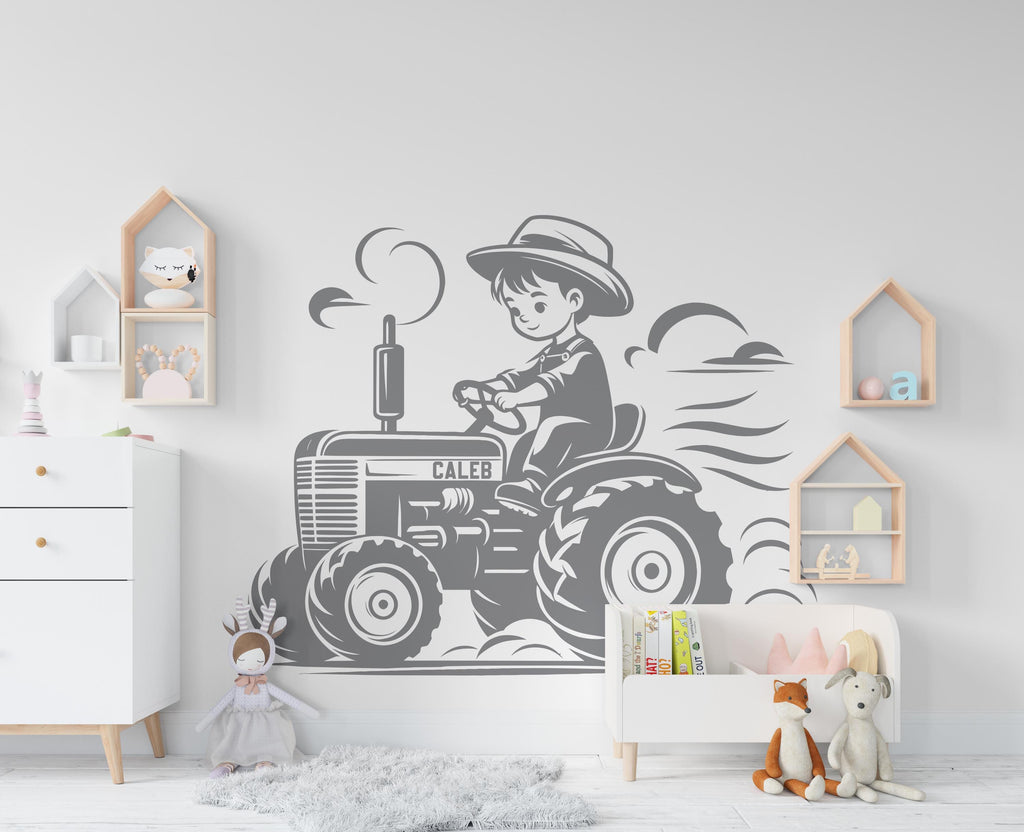 Little boy on a Tractor Wall Decor Bear Farm Tractor Wall Art Gym Wall Decals Bear Wall Decal Village Gifts Home Gym Wall Sticker Farm 442RS