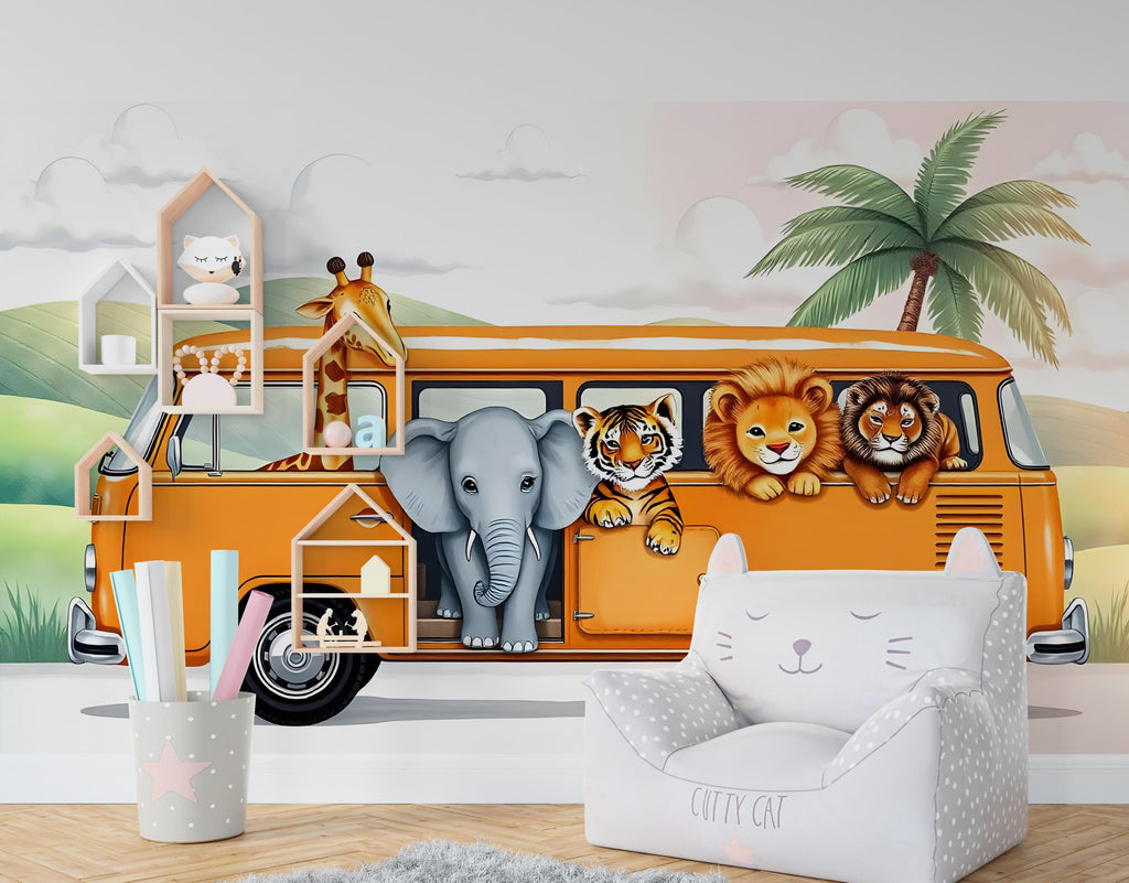 Safari Animals on the Bus Wallpaper, Nursery and Kids Room Mural Decor, Elephant and Giraffe Watercolor Wallpaper, Lion, Tiger Jungle 458RS