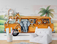 Load image into Gallery viewer, Safari Animals on the Bus Wallpaper, Nursery and Kids Room Mural Decor, Elephant and Giraffe Watercolor Wallpaper, Lion, Tiger Jungle 458RS