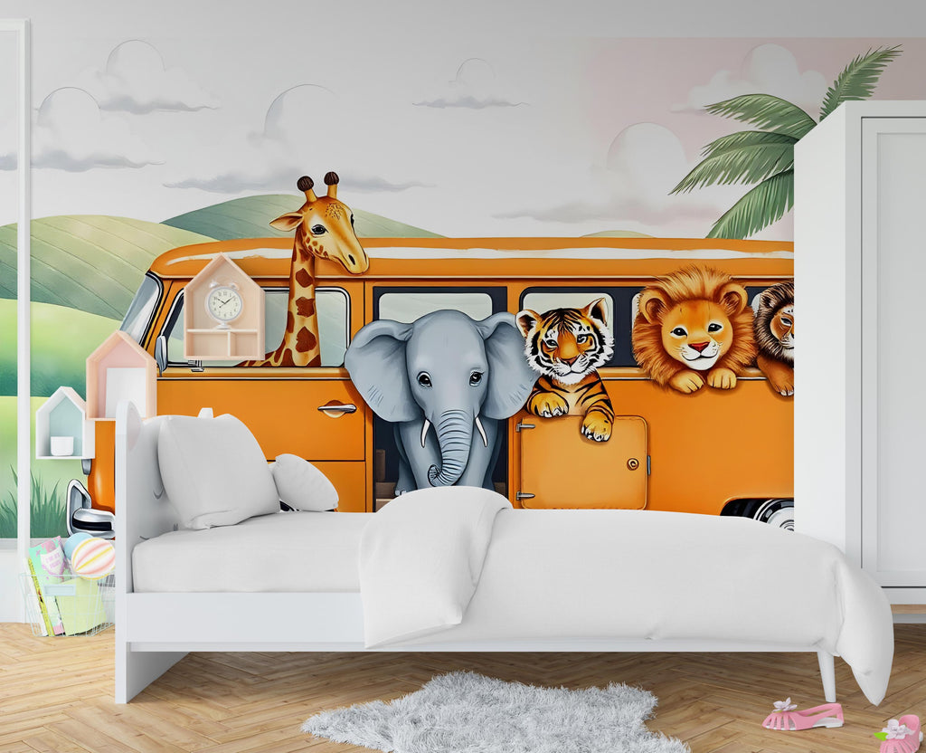 Safari Animals on the Bus Wallpaper, Nursery and Kids Room Mural Decor, Elephant and Giraffe Watercolor Wallpaper, Lion, Tiger Jungle 458RS