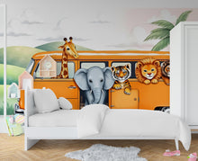 Load image into Gallery viewer, Safari Animals on the Bus Wallpaper, Nursery and Kids Room Mural Decor, Elephant and Giraffe Watercolor Wallpaper, Lion, Tiger Jungle 458RS