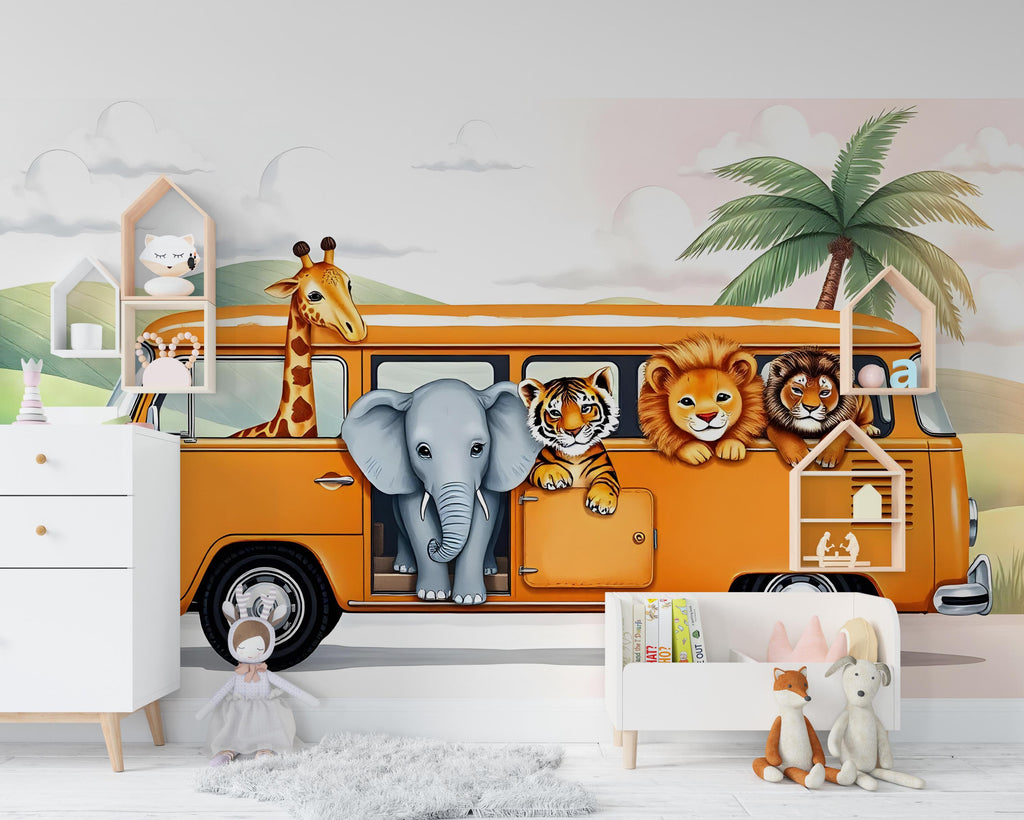 Safari Animals on the Bus Wallpaper, Nursery and Kids Room Mural Decor, Elephant and Giraffe Watercolor Wallpaper, Lion, Tiger Jungle 458RS