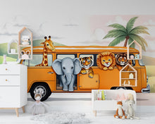 Load image into Gallery viewer, Safari Animals on the Bus Wallpaper, Nursery and Kids Room Mural Decor, Elephant and Giraffe Watercolor Wallpaper, Lion, Tiger Jungle 458RS
