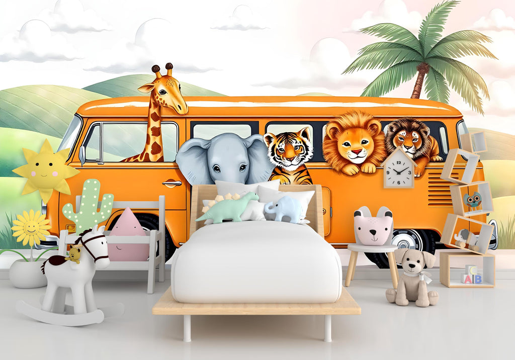 Safari Animals on the Bus Wallpaper, Nursery and Kids Room Mural Decor, Elephant and Giraffe Watercolor Wallpaper, Lion, Tiger Jungle 458RS