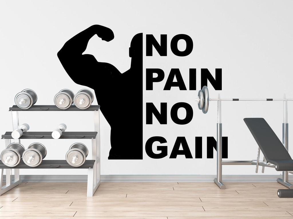 No Pain No Gain Gym Wall Decal Power fitness Squat Decor Workout Art Vinyl Gym Wall Stickers Bedroom Gym Workout Motivation Cross-fit 089DE