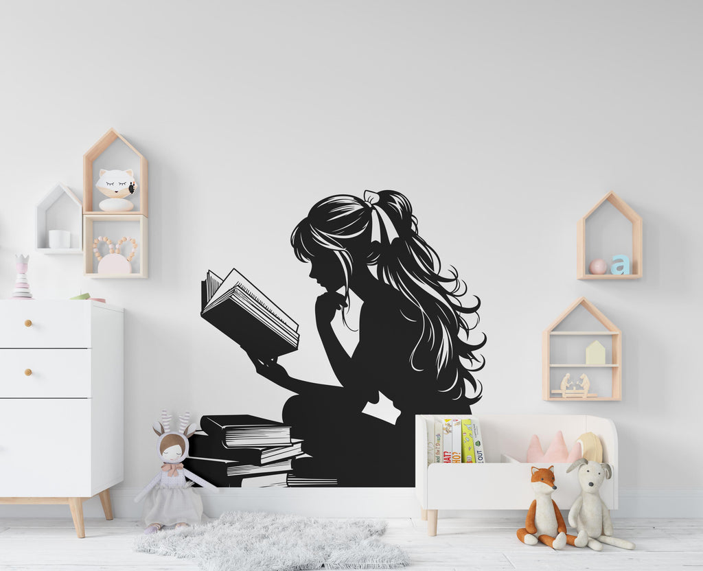 Girl Reading Book Library vinyl wall art decals, library wall decal, education decals, reading room, nurseries, school, kids gifts 439RS