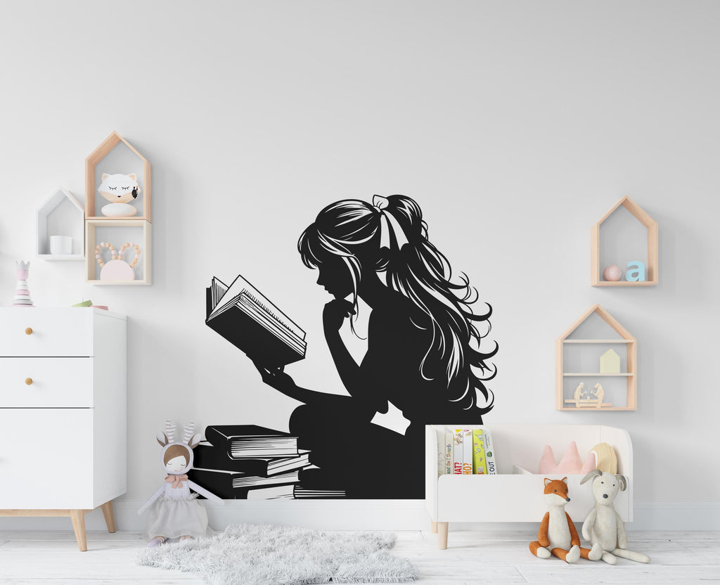 Girl Reading Book Library vinyl wall art decals, library wall decal, education decals, reading room, nurseries, school, kids gifts 439RS