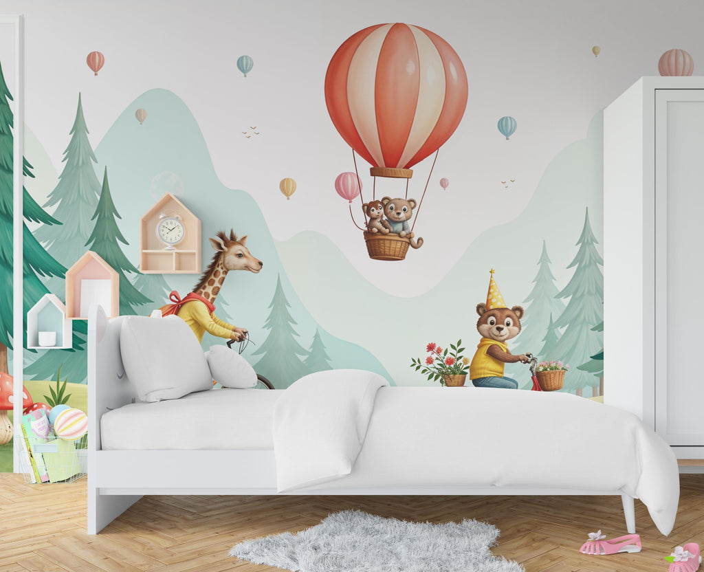 Animals kids Wallpaper, Nursery and Kids Room Mural Decor, Hot Balloon Giraffe Watercolor Wallpaper, Bear forest, kids room decor 462RS