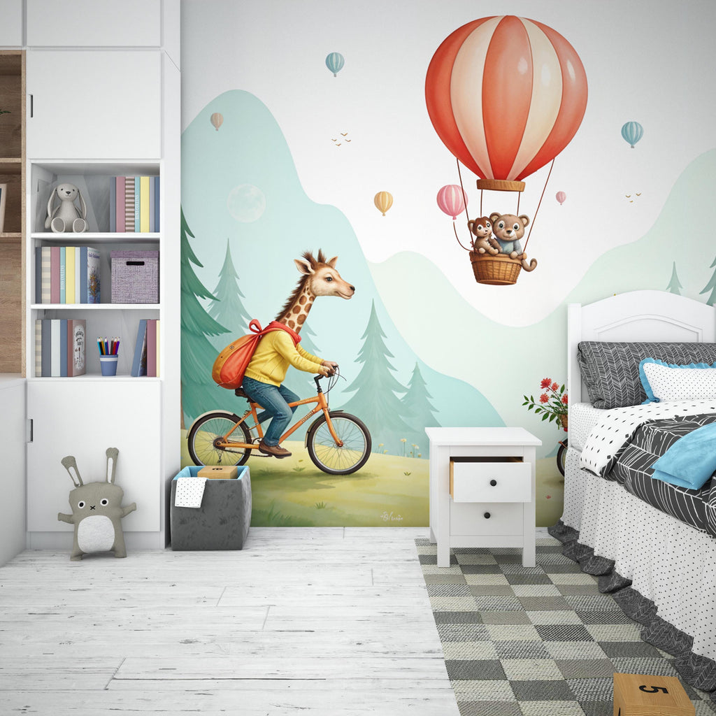 Animals kids Wallpaper, Nursery and Kids Room Mural Decor, Hot Balloon Giraffe Watercolor Wallpaper, Bear forest, kids room decor 462RS