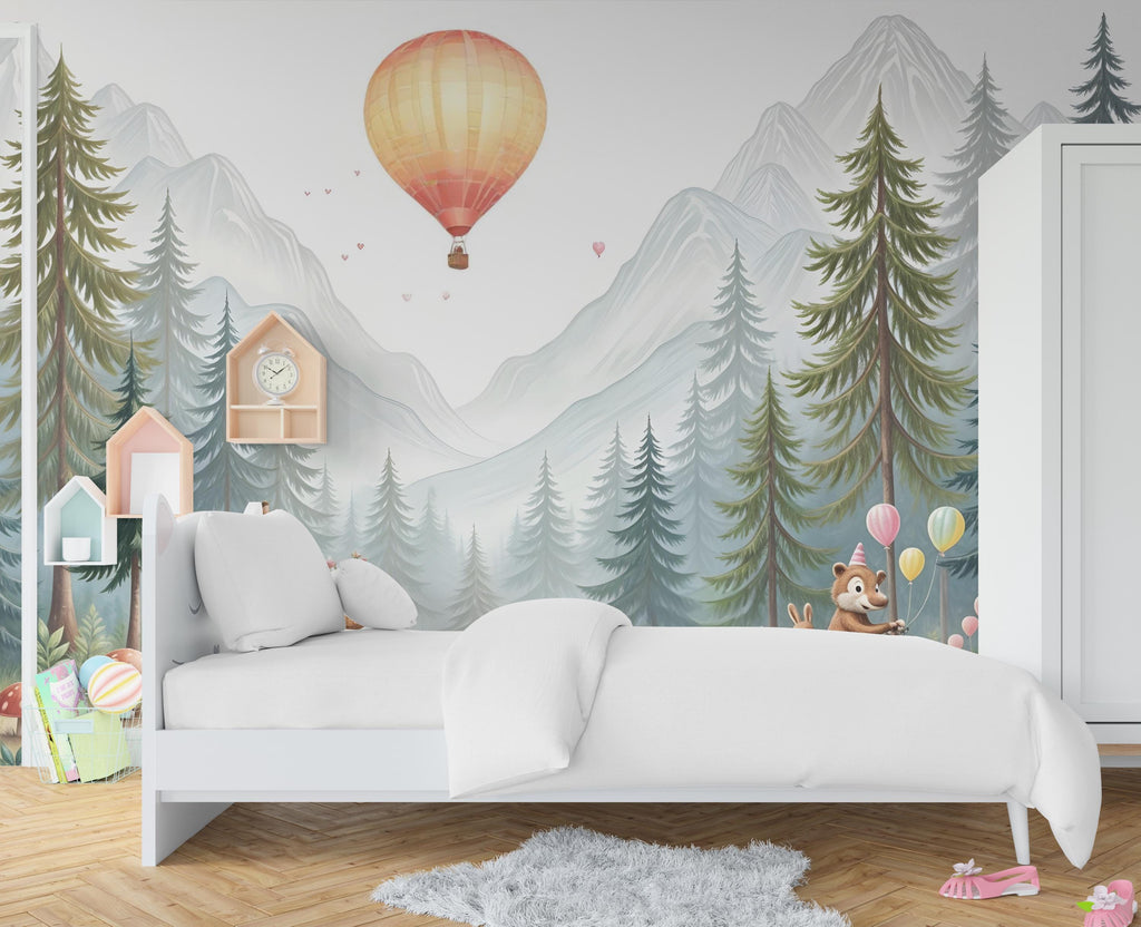 Animals kids Wallpaper, Nursery and Kids Room Mural Decor, Hot Balloon Giraffe Watercolor Wallpaper, Bear forest, kids room decor 463RS