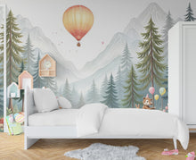 Load image into Gallery viewer, Animals kids Wallpaper, Nursery and Kids Room Mural Decor, Hot Balloon Giraffe Watercolor Wallpaper, Bear forest, kids room decor 463RS
