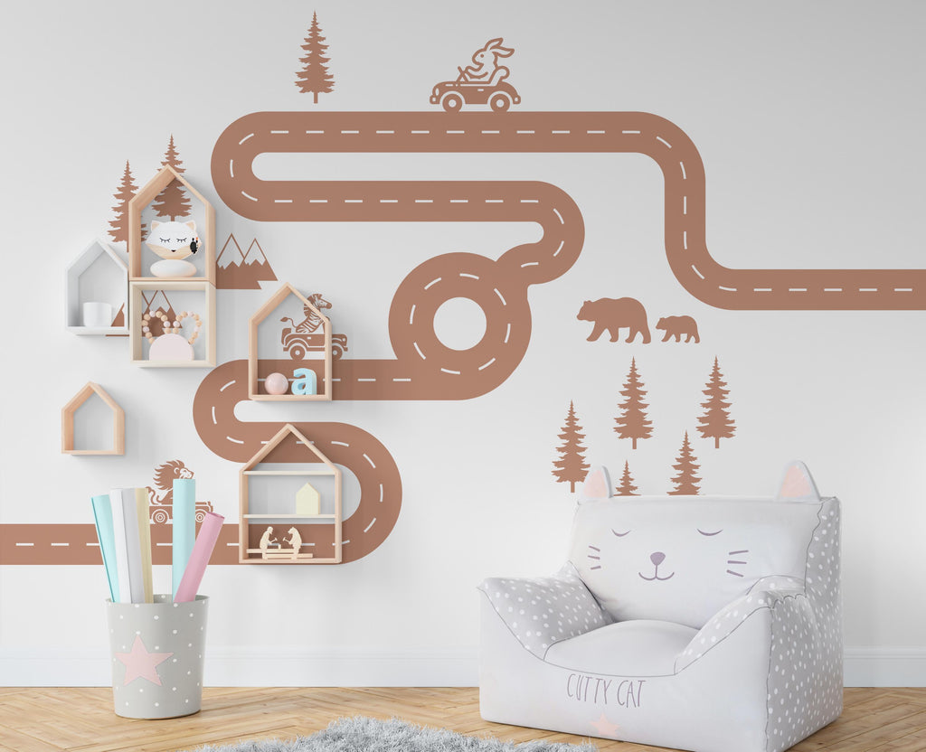 Road wind Wall Decal Highway Vinyl Sticker Track Route Wall Decor Kids Playroom Animals Boys Room Automotive Bedroom Mural Sticker 464RS