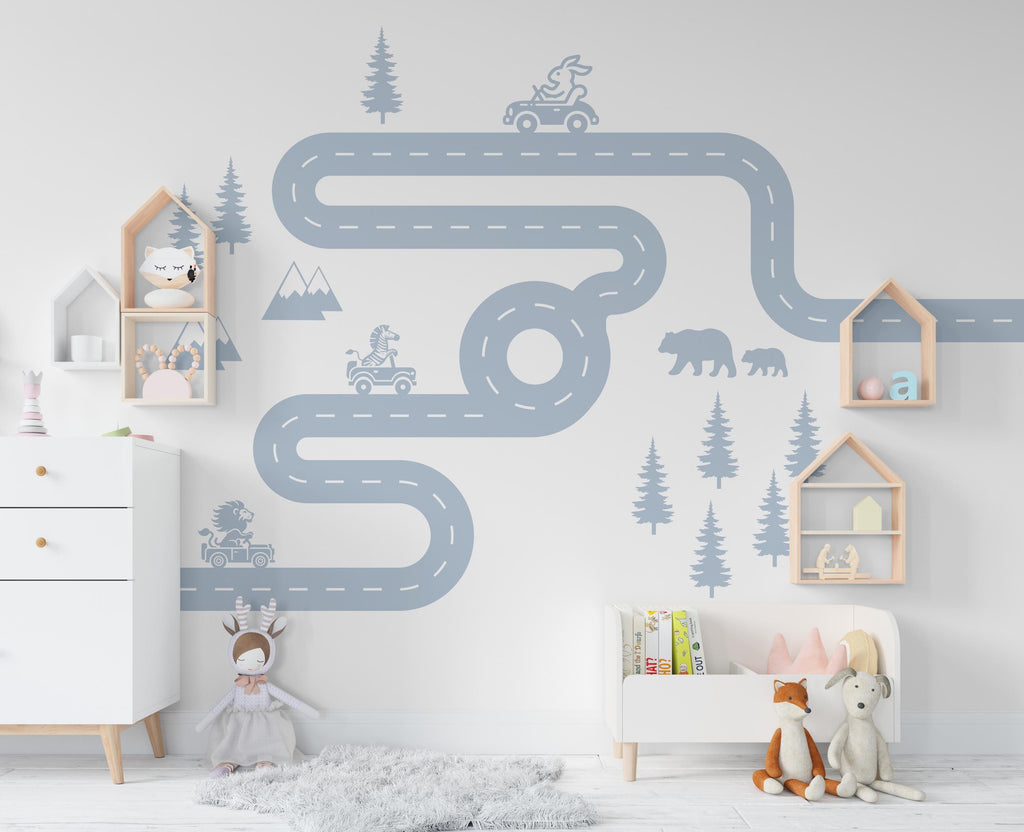 Road wind Wall Decal Highway Vinyl Sticker Track Route Wall Decor Kids Playroom Animals Boys Room Automotive Bedroom Mural Sticker 464RS
