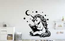 Load image into Gallery viewer, Unicorn Reading book wall decal Unicorn decor Book Unicorn wall art Decal Unicorn book Lover Unicorn Wall Bathroom Stickers Vinyl 096DE